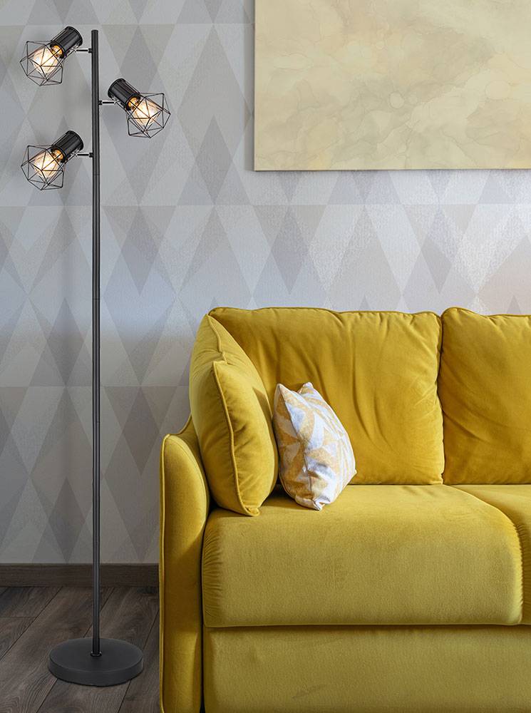 Stehleuchte Stehlampe Industrial Design Wohnzimmerleuchte Deckenfluter 3-flammig, Metall schwarz, 3x E27 Fassungen, LxBxH 30,5x25x161 cm