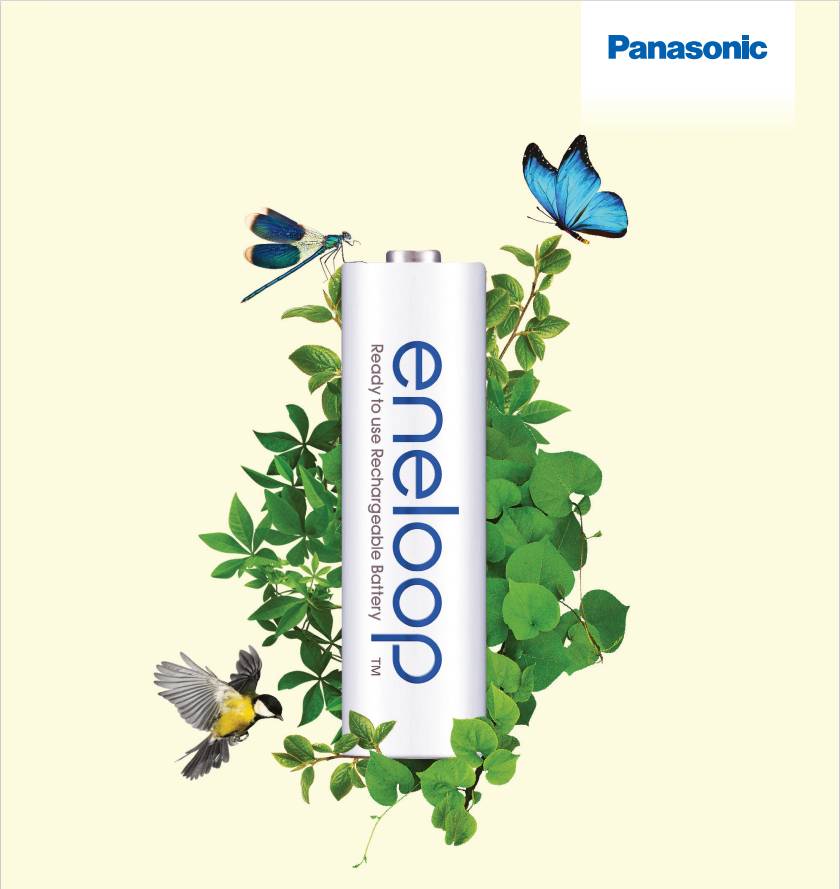 Panasonic eneloop wiederaufladbare Batterie in der Mitte von grünen Blättern, mit Schmetterlingen und einer Libelle auf hellem Hintergrund.