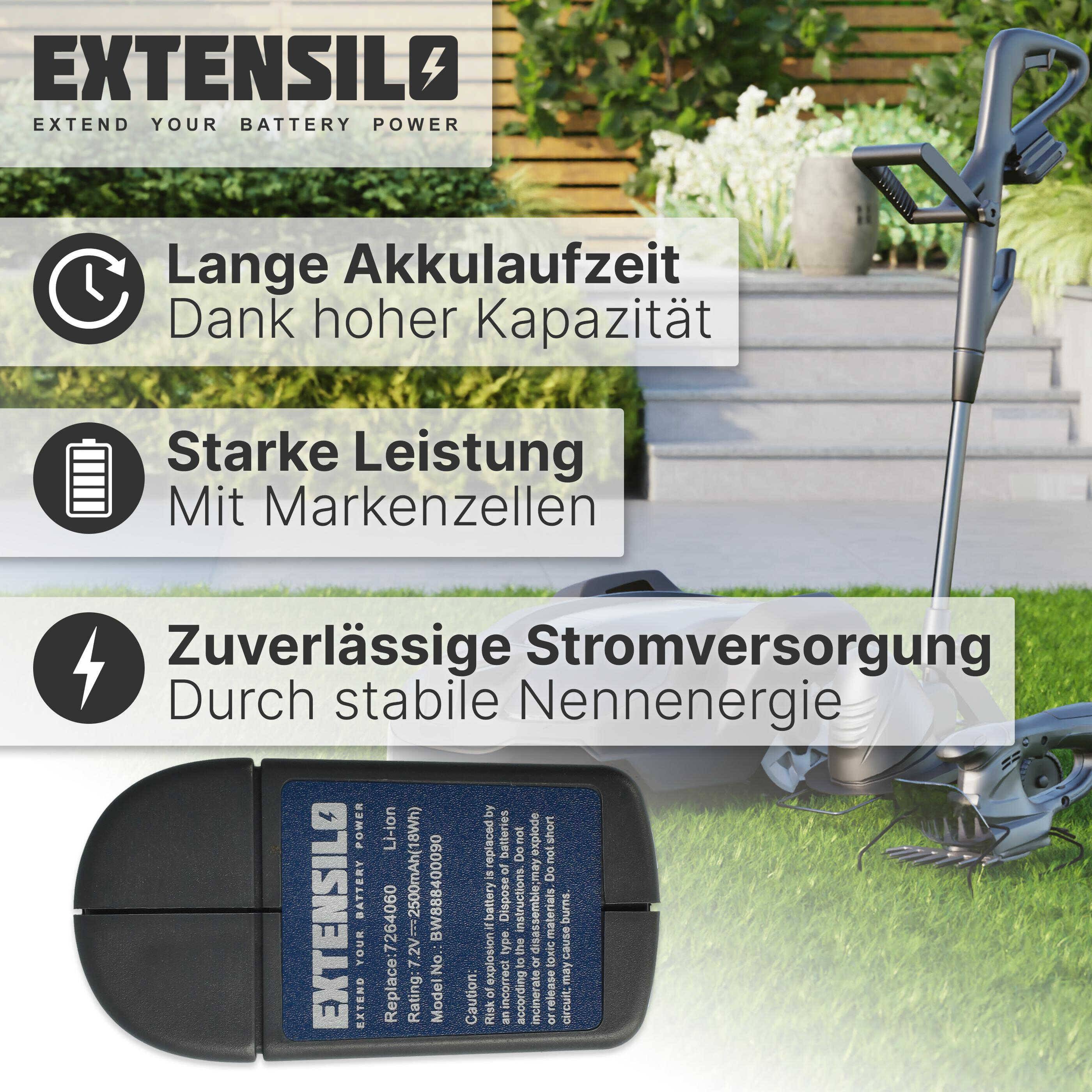 EXTENSILO Akku Ersatz für Wolf Garten 7264060, 7264090 für Heckenschere Strauchschere Rasenschere Gartenschere (2500mAh, 7,2V, Li-Ion)