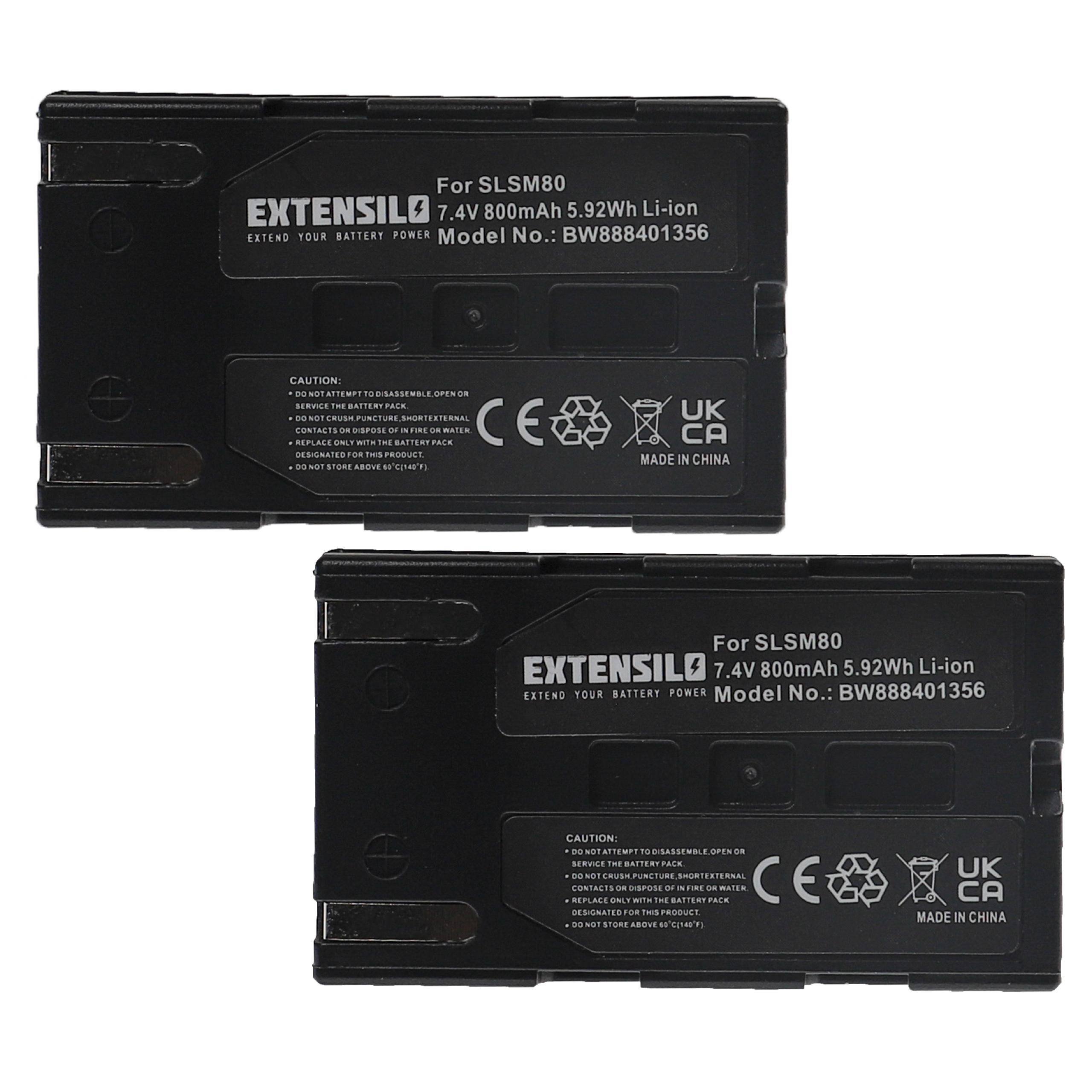 Zwei schwarze EXTENSILO Lithium-Ionen-Akkus, Modell BW888401356, jeweils mit der Bezeichnung 7,4V, 800mAh, 5,92Wh, hergestellt in China mit Sicherheitssymbolen.