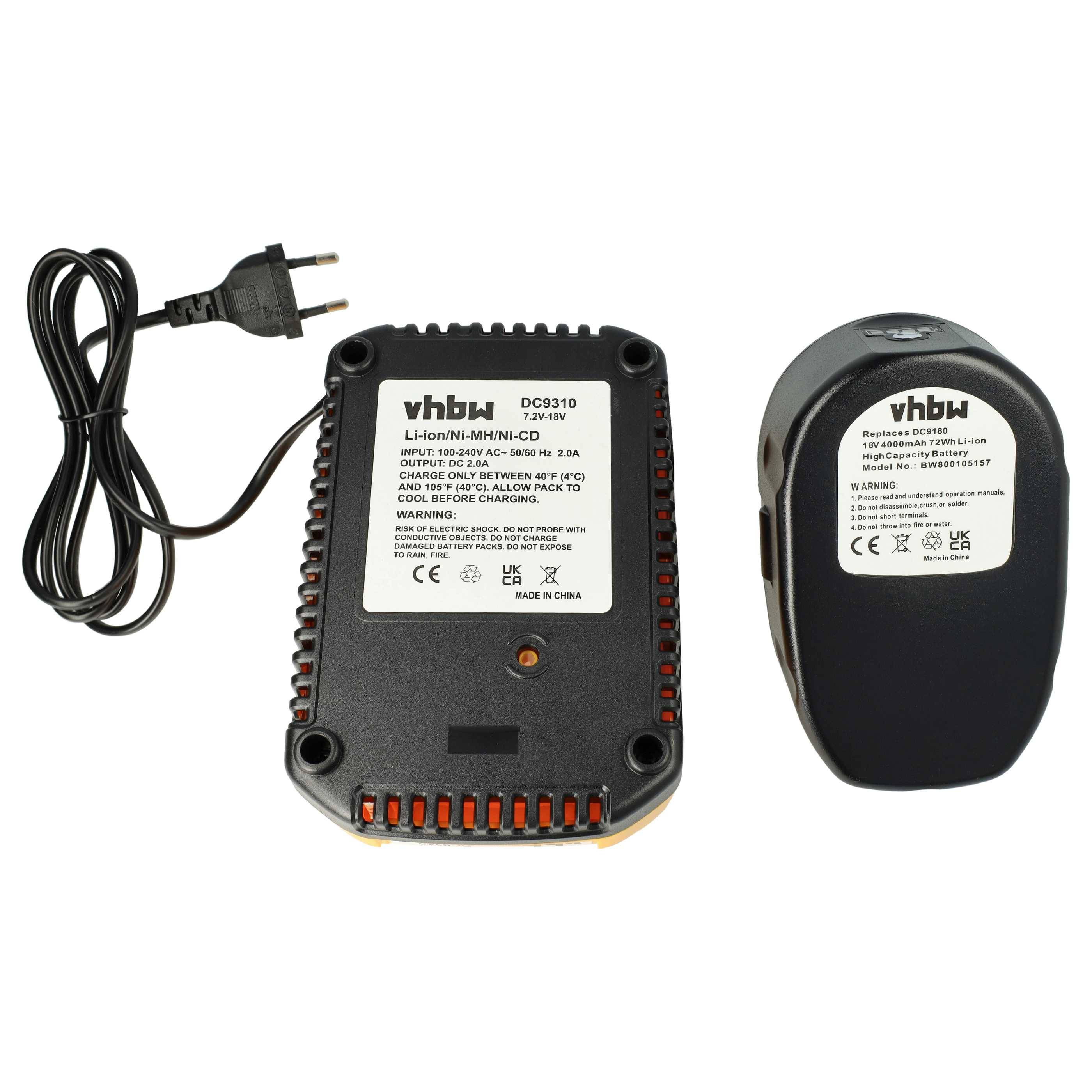 vhbw Akku Ersatz für Dewalt DC9180 für Elektrowerkzeug (4000 mAh, Li-Ion, 18 V) + Ladegerät