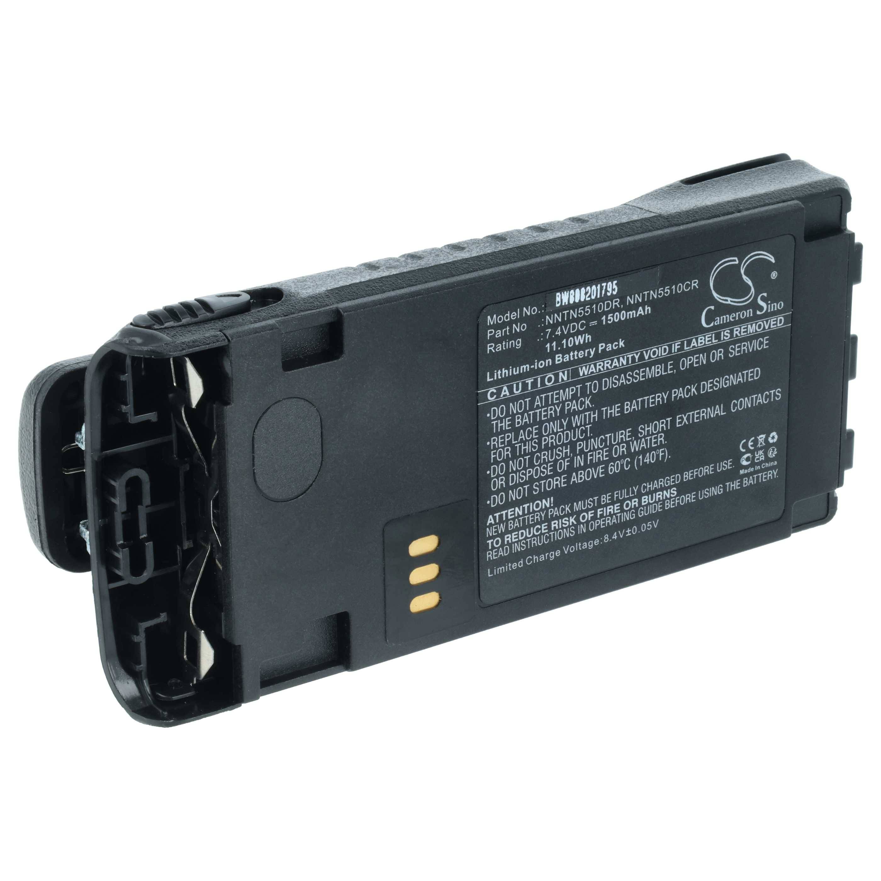 Ein Nahaufnahme-Bild einer schwarzen wiederaufladbaren Batterie für ein Motorola-Funkgerät, das die Modellnummer und Sicherheitshinweise in weißer Schrift zeigt.