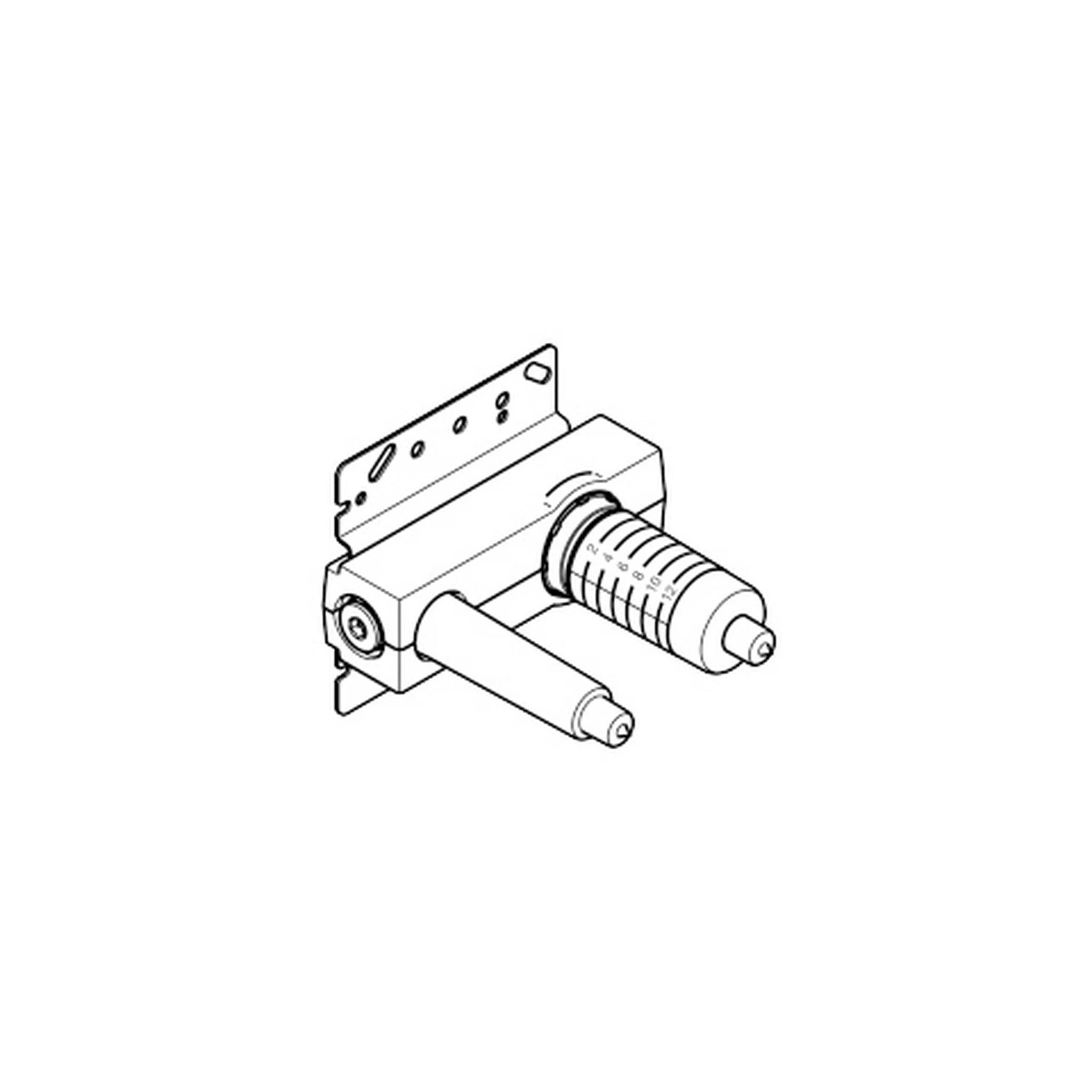 Isometrische Linienzeichnung einer wandmontierten mechanischen Ventileinheit mit zwei zylindrischen Anschlüssen und einer Befestigungshalterung mit Schlitz.