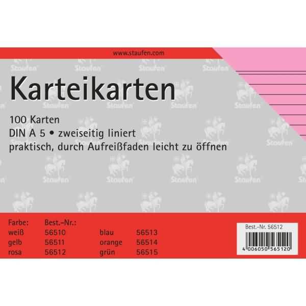 Karteikarten A5 180g/qm liniert rosa VE=100 Stück