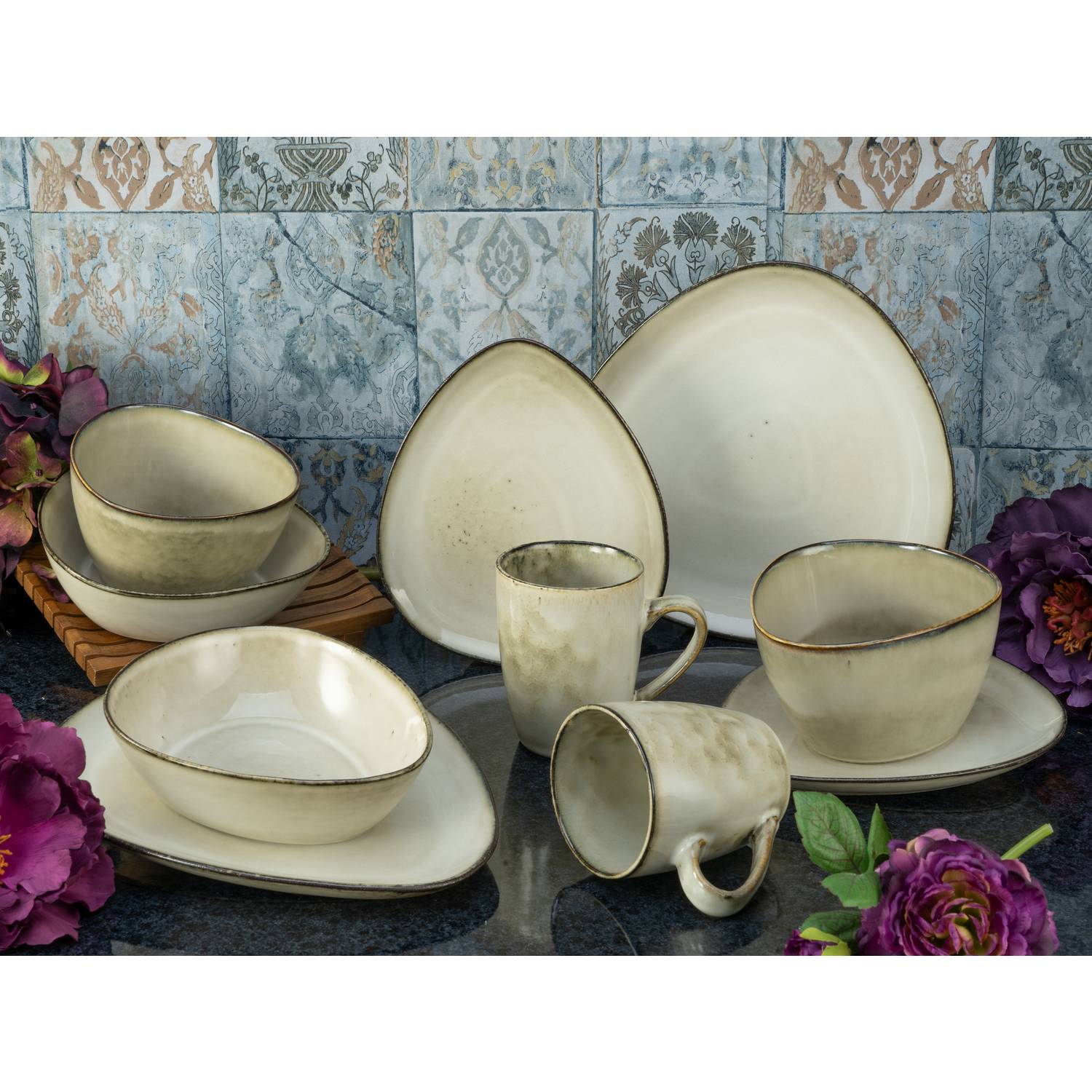 CreaTable 23769 Kombiservice Cloudy für 2 Personen, Steinzeug, sand (1 Set, 10-teilig)