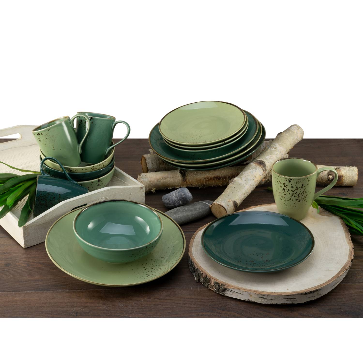 CreaTable 33321 Kombiservice Nature Collection Green Life für 4 Personen, Steinzeug, grün (1 Set, 16-teilig)