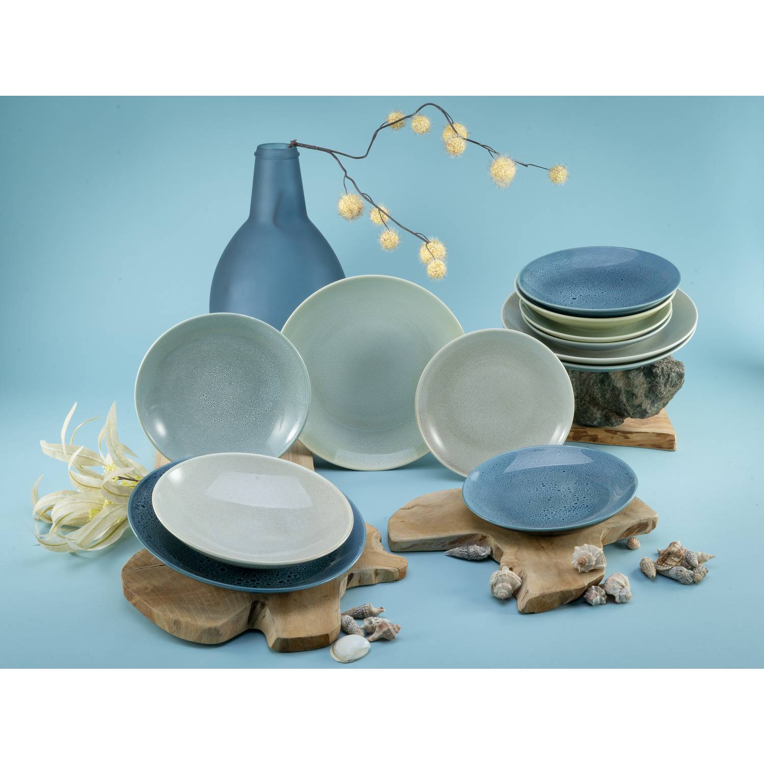 CreaTable 23845 Tafelservice Reactive Aqua für 6 Personen, Steinzeug, blau (1 Set, 12-teilig)