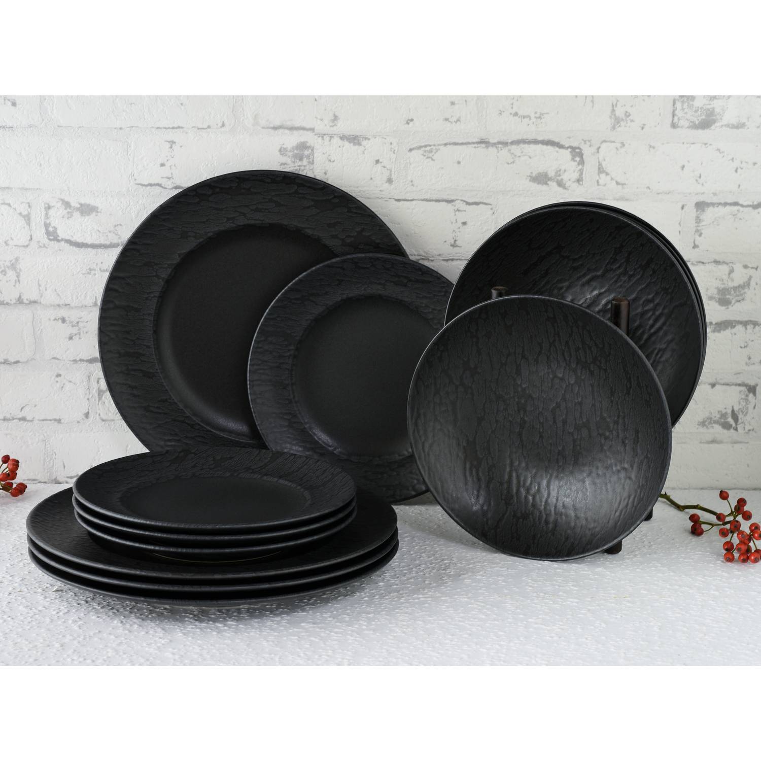 CreaTable 33320 Tafelservice Rondo Schiefer für 4 Personen, Steinzeug, schwarz (1 Set, 12-teilig)