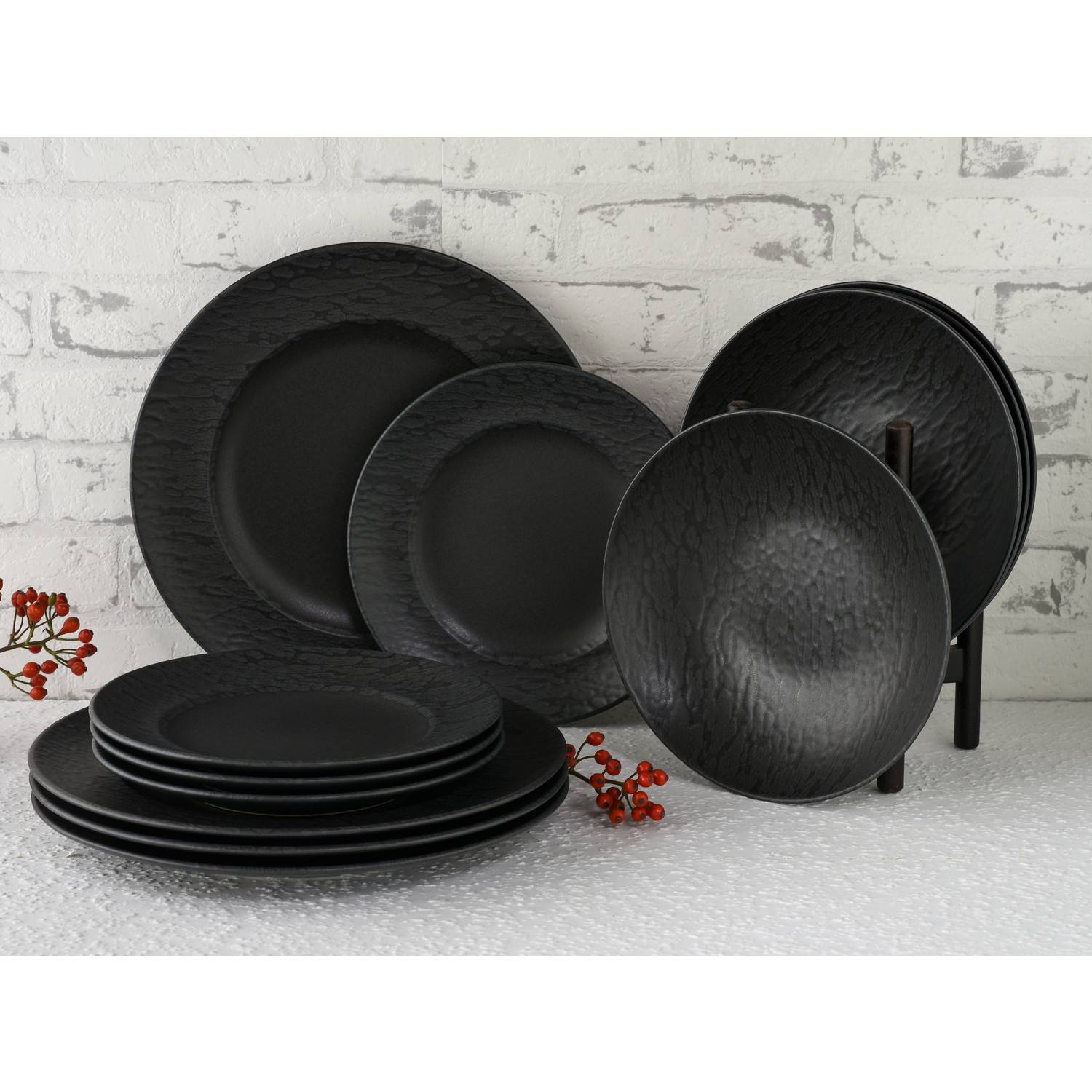 CreaTable 33320 Tafelservice Rondo Schiefer für 4 Personen, Steinzeug, schwarz (1 Set, 12-teilig)