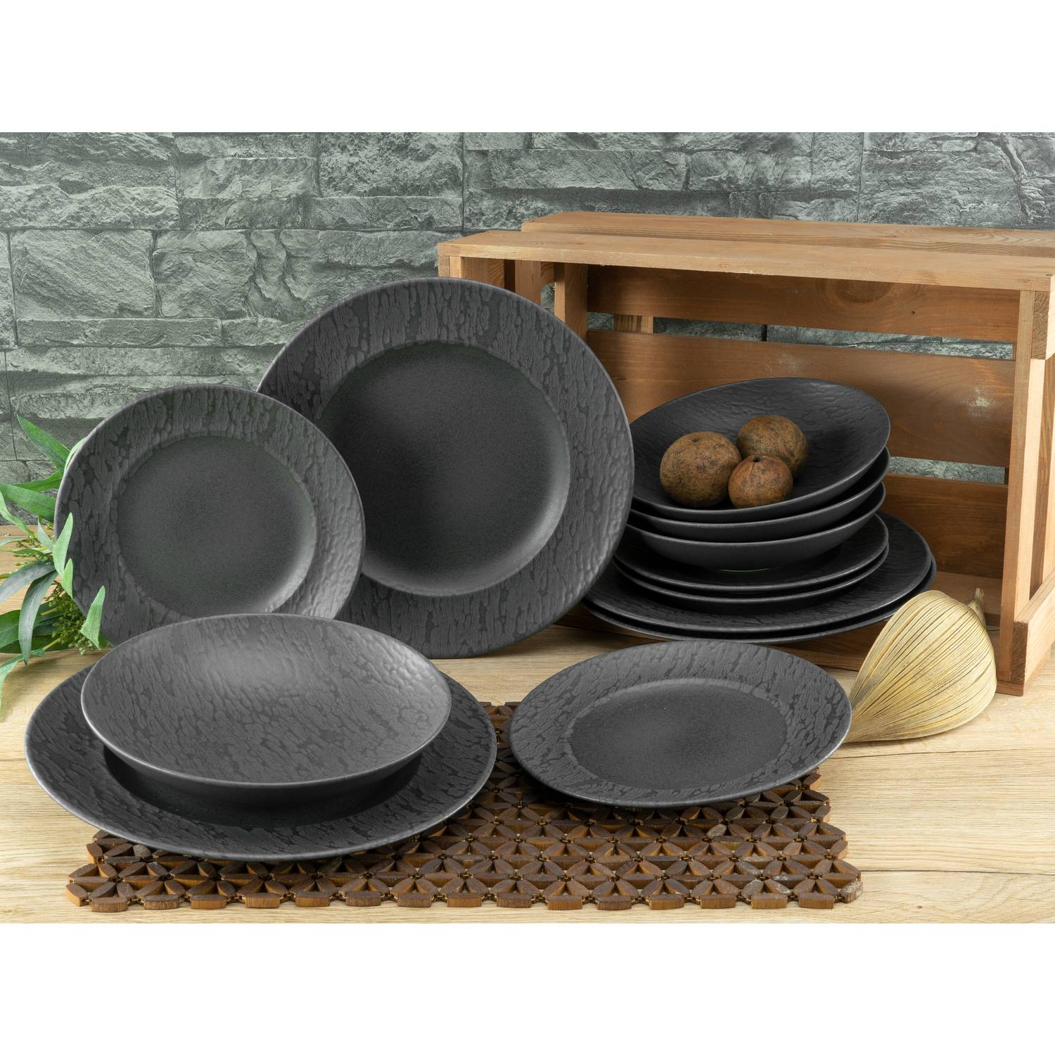 CreaTable 33320 Tafelservice Rondo Schiefer für 4 Personen, Steinzeug, schwarz (1 Set, 12-teilig)
