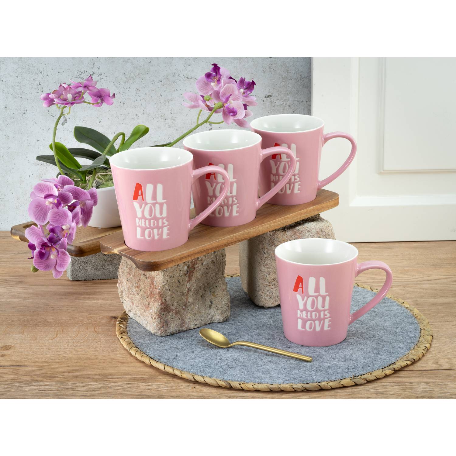 CreaTable 33032 All You Need Is Love Kaffeebecher, 420 ml, rosé (4er Pack)