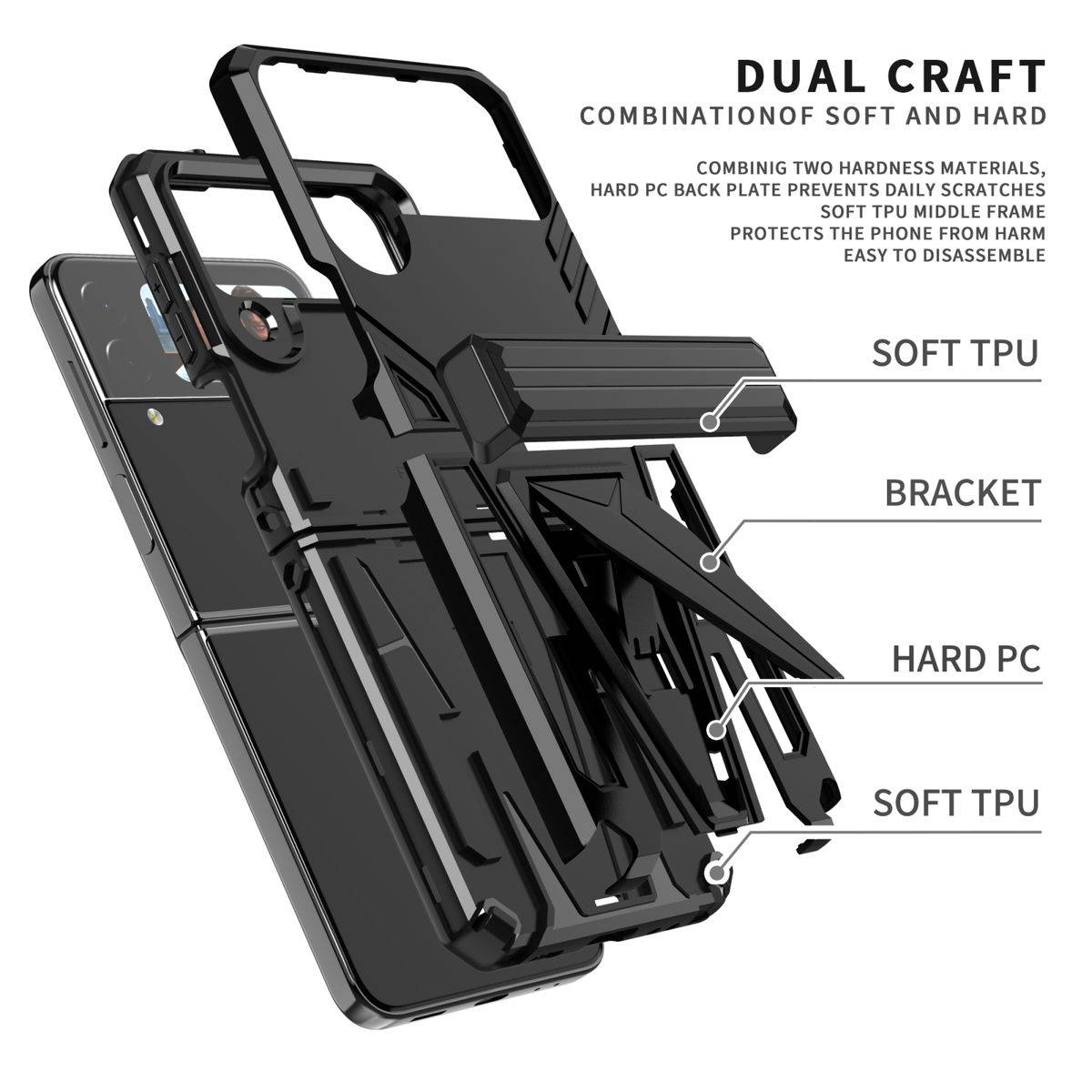 Für Samsung Galaxy Z Flip4 5G Outdoor Armor Kunststoff Super V Hart Cover Handy Tasche Hülle Etuis Schwarz