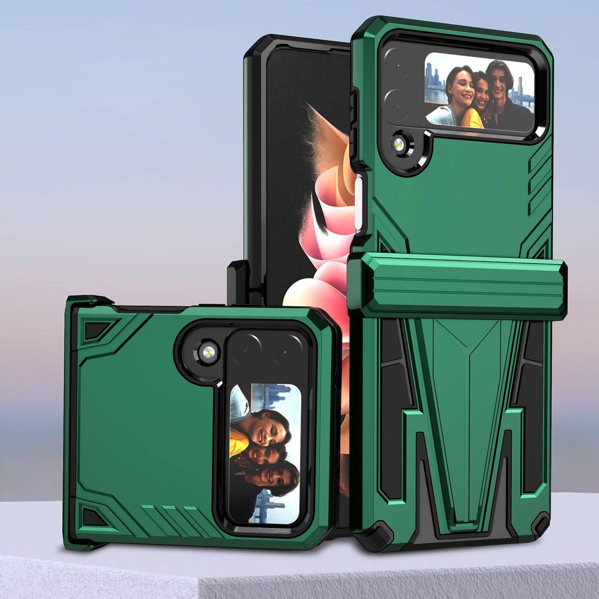 Für Samsung Galaxy Z Flip4 5G Outdoor Armor Kunststoff Super V Hart Cover Handy Tasche Hülle Etuis Grün