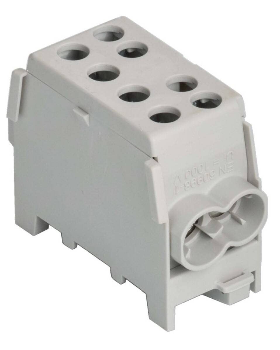 Ein grauer elektrischer Anschlussblock mit acht Drahteintrittspunkten oben, der zum Verbinden mehrerer Drähte in elektrischen Schaltkreisen verwendet wird.