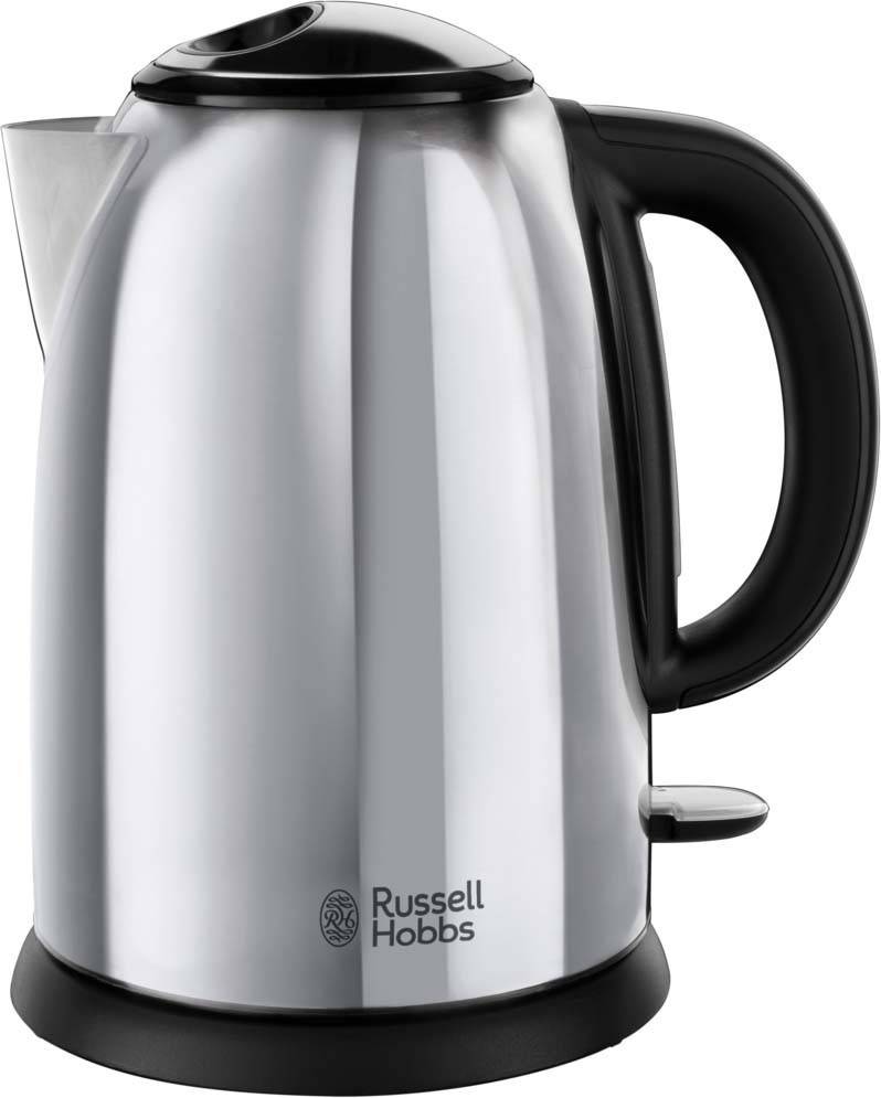 Ein silberner elektrischer Wasserkocher mit schwarzem Griff und Ausguss, mit dem 'Russell Hobbs' Markenlogo in der Nähe der Basis.