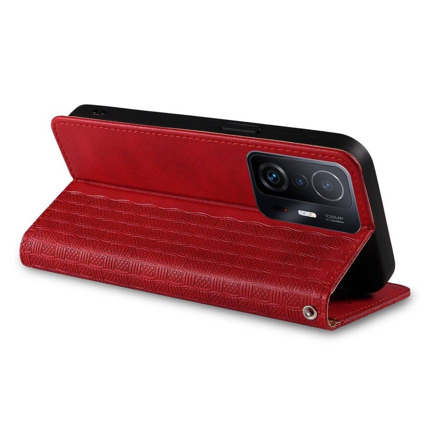 Magnetband Hülle Tasche Beutel-Geldbörse + Mini Lanyard Anhänger kompatibel mit Xiaomi Redmi Note 11 Pro Max Rot