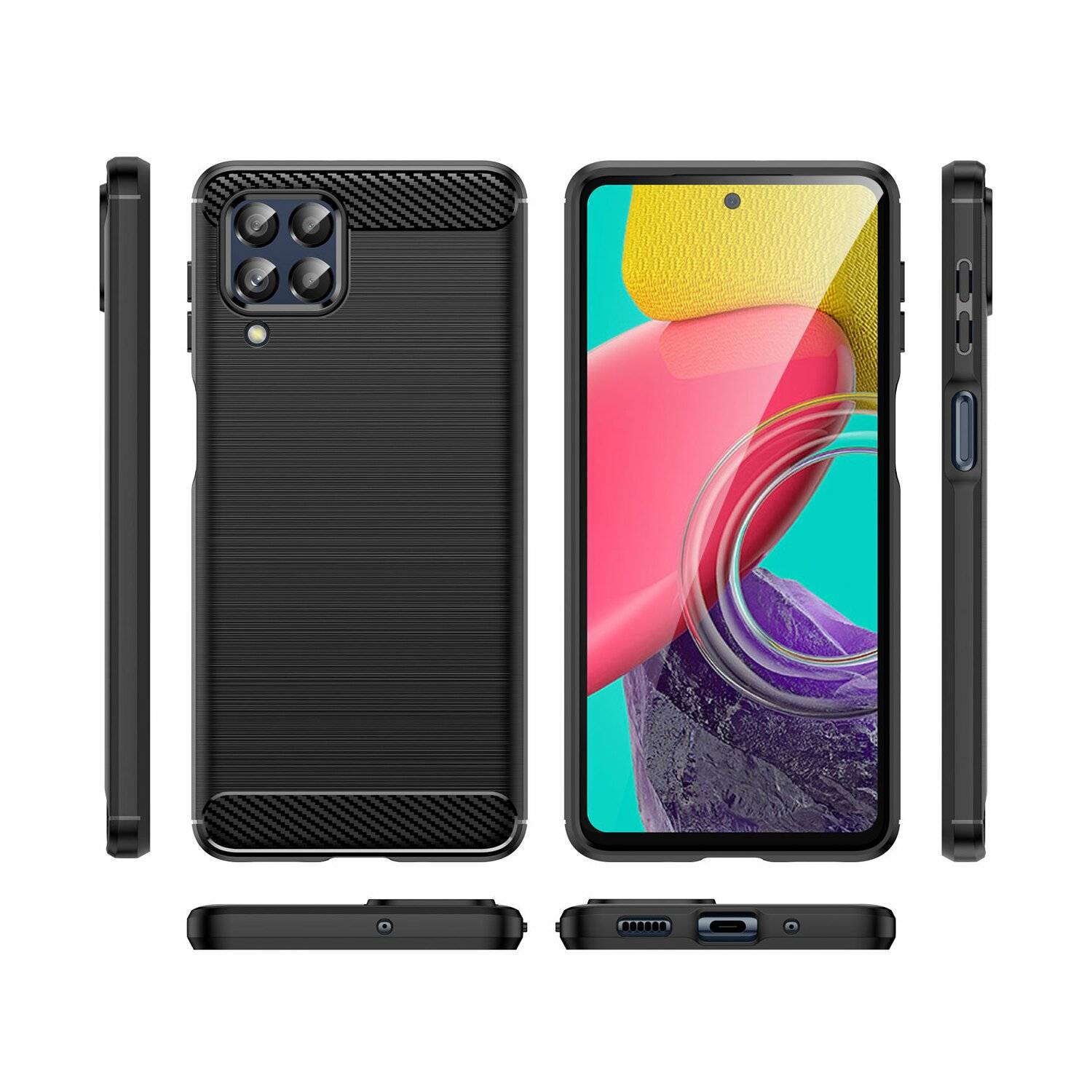 Silikon Hülle Carbon kompatibel mit Samsung Galaxy M53 5G Case TPU Soft Handyhülle Cover Schutzhülle Schwarz