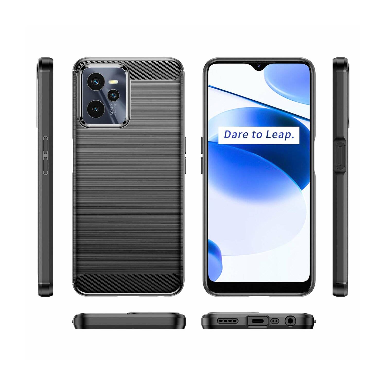 Silikon Hülle Carbon kompatibel mit Realme C35 Case TPU Soft Handyhülle Cover Schutzhülle Schwarz