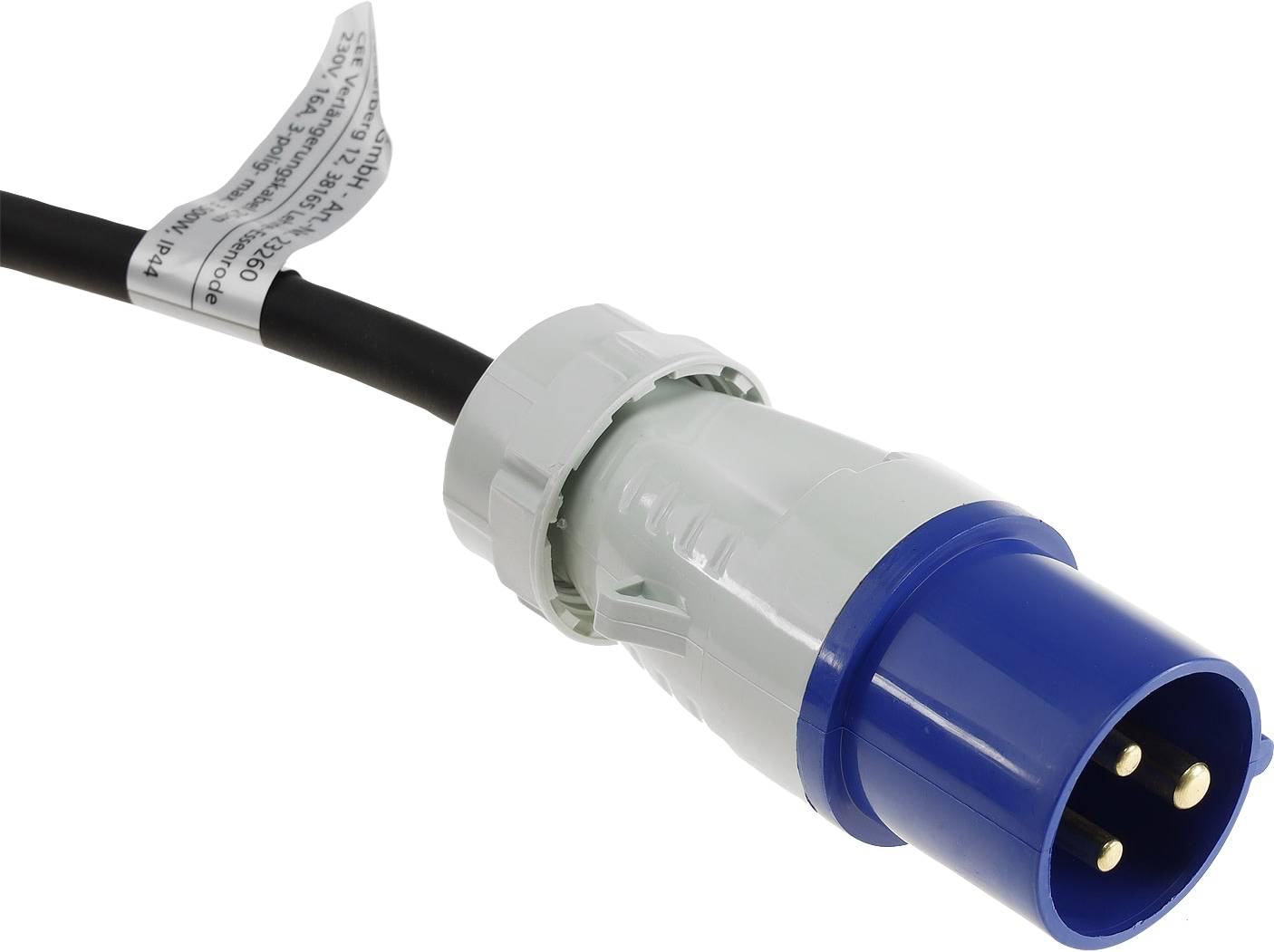 Ein blau-weißer industrieller Elektrostecker mit einem schwarzen Kabel, verwendet für schwerlastfähige Anschlüsse.