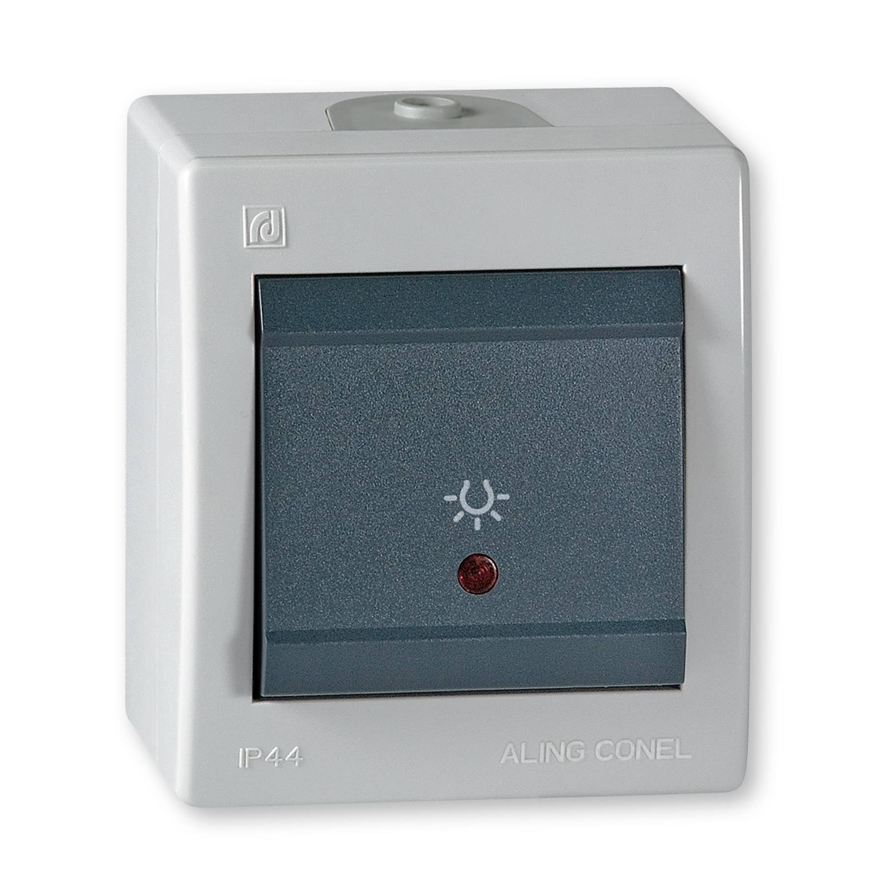 ALING-CONEL Aufputz Taster mit Lichtsymbol und Glimmlampe 10AX/250V~ / IP 44 - Grau