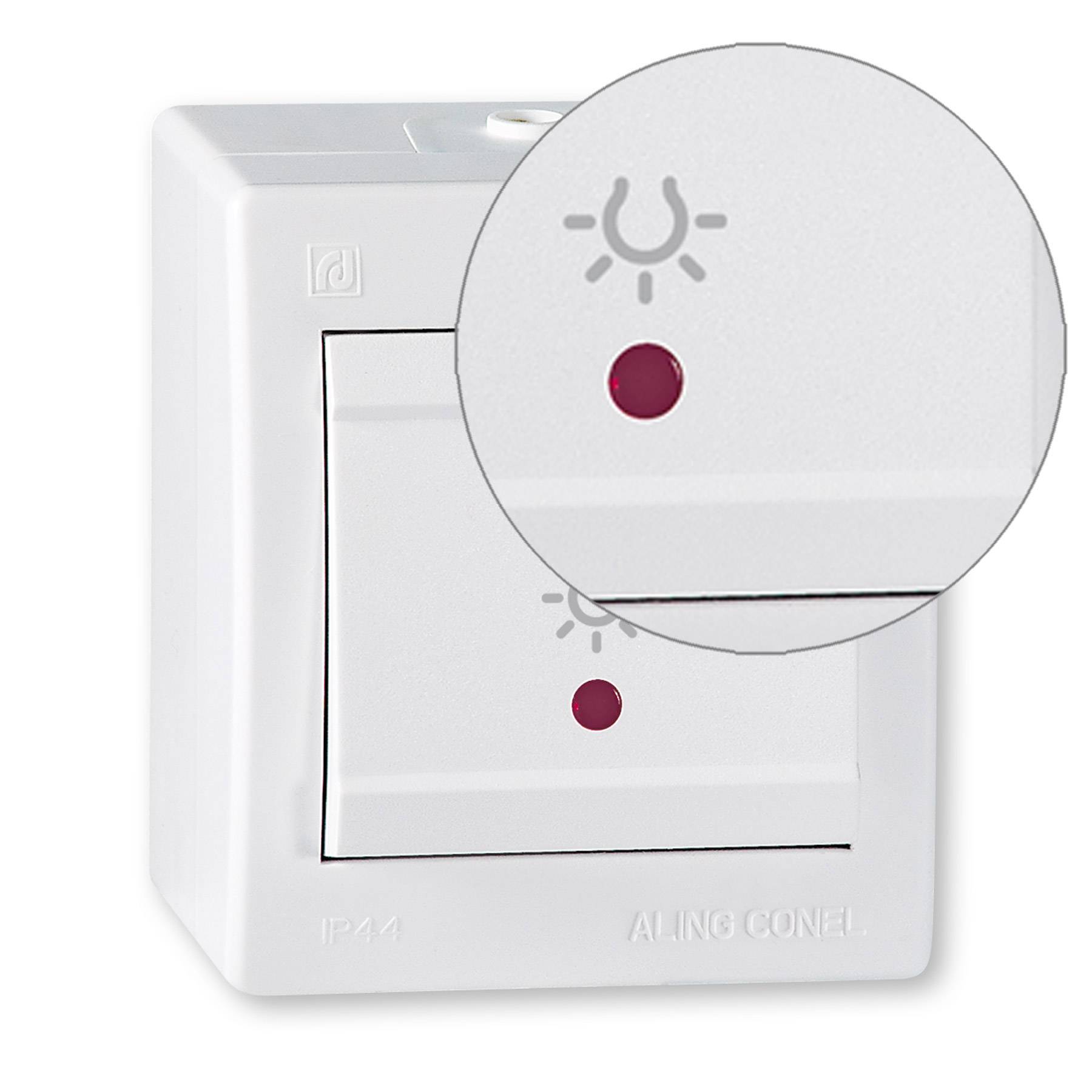 ALING-CONEL Aufputz Taster mit Lichtsymbol und Glimmlampe 10AX/250V~ / IP 44 - Weiß