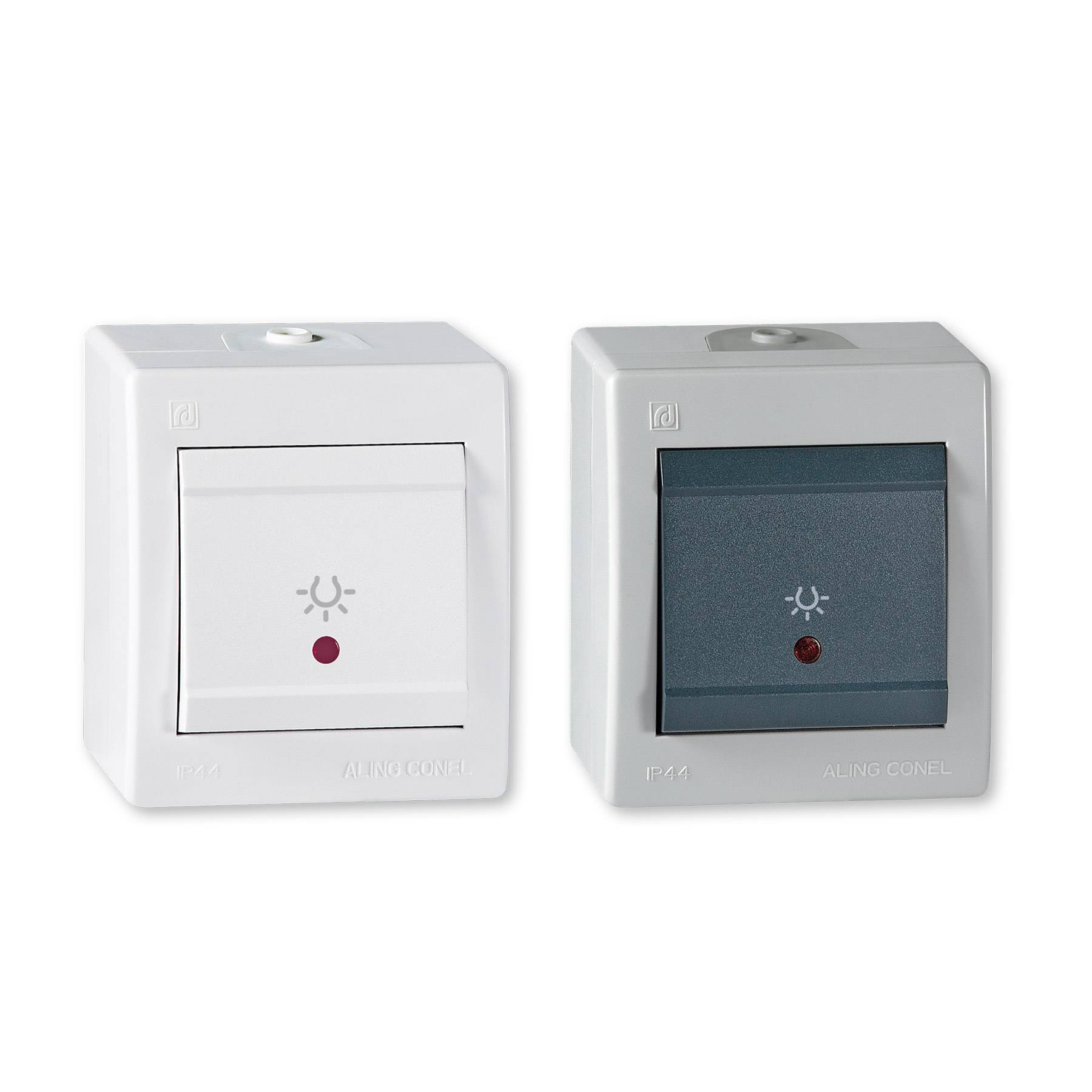 ALING-CONEL Aufputz Taster mit Lichtsymbol und Glimmlampe 10AX/250V~ / IP 44 - Weiß