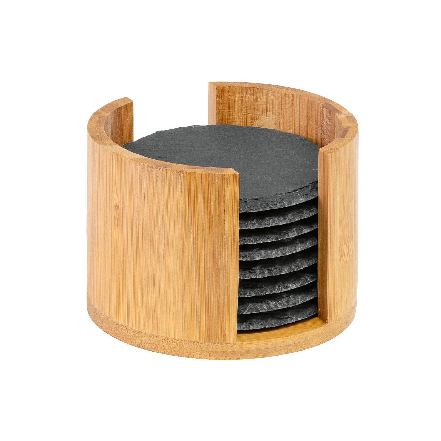 Westmark 8 Untersetzer in Bambusbox, Naturschiefer, Ø 10 cm, schieferfarben/natur, 9-teilig (1 Set)