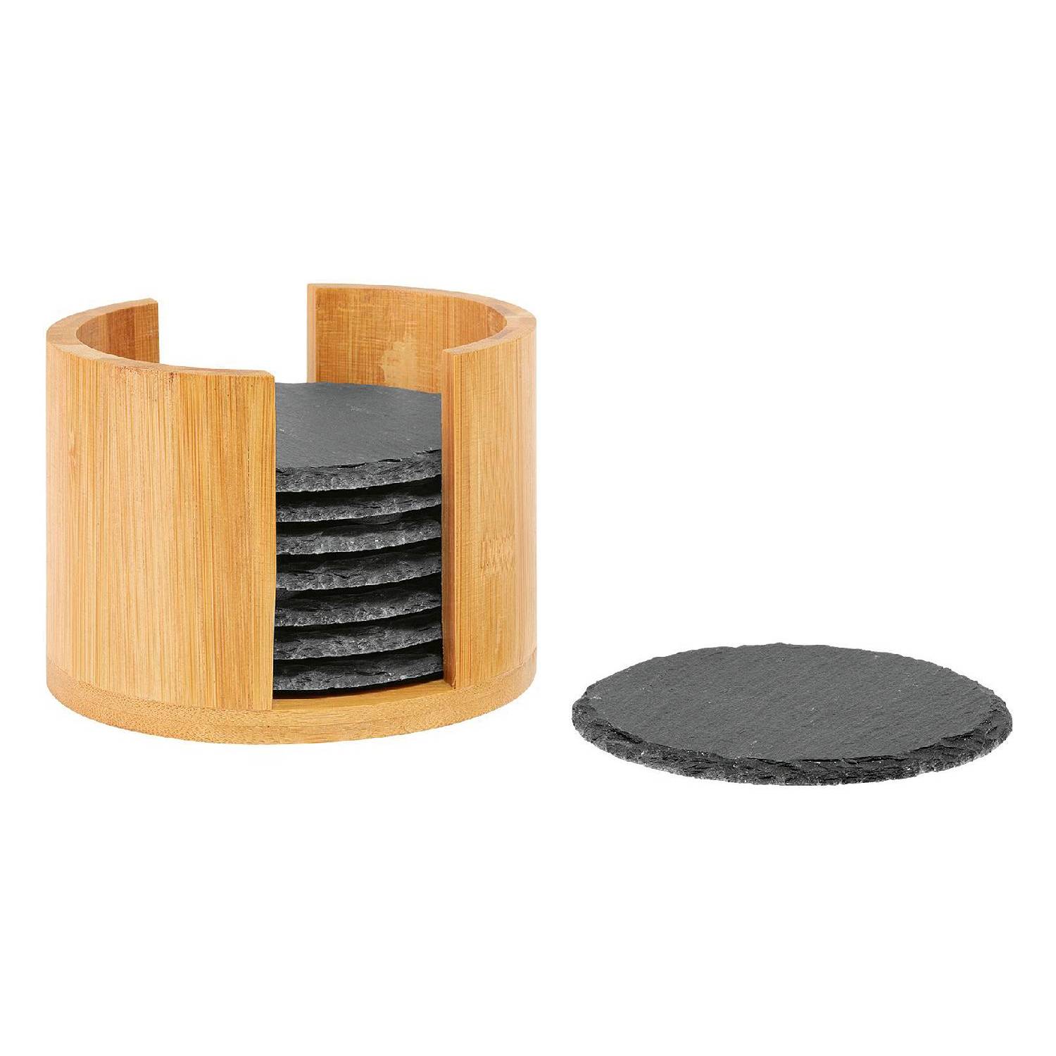 Westmark 8 Untersetzer in Bambusbox, Naturschiefer, Ø 10 cm, schieferfarben/natur, 9-teilig (1 Set)
