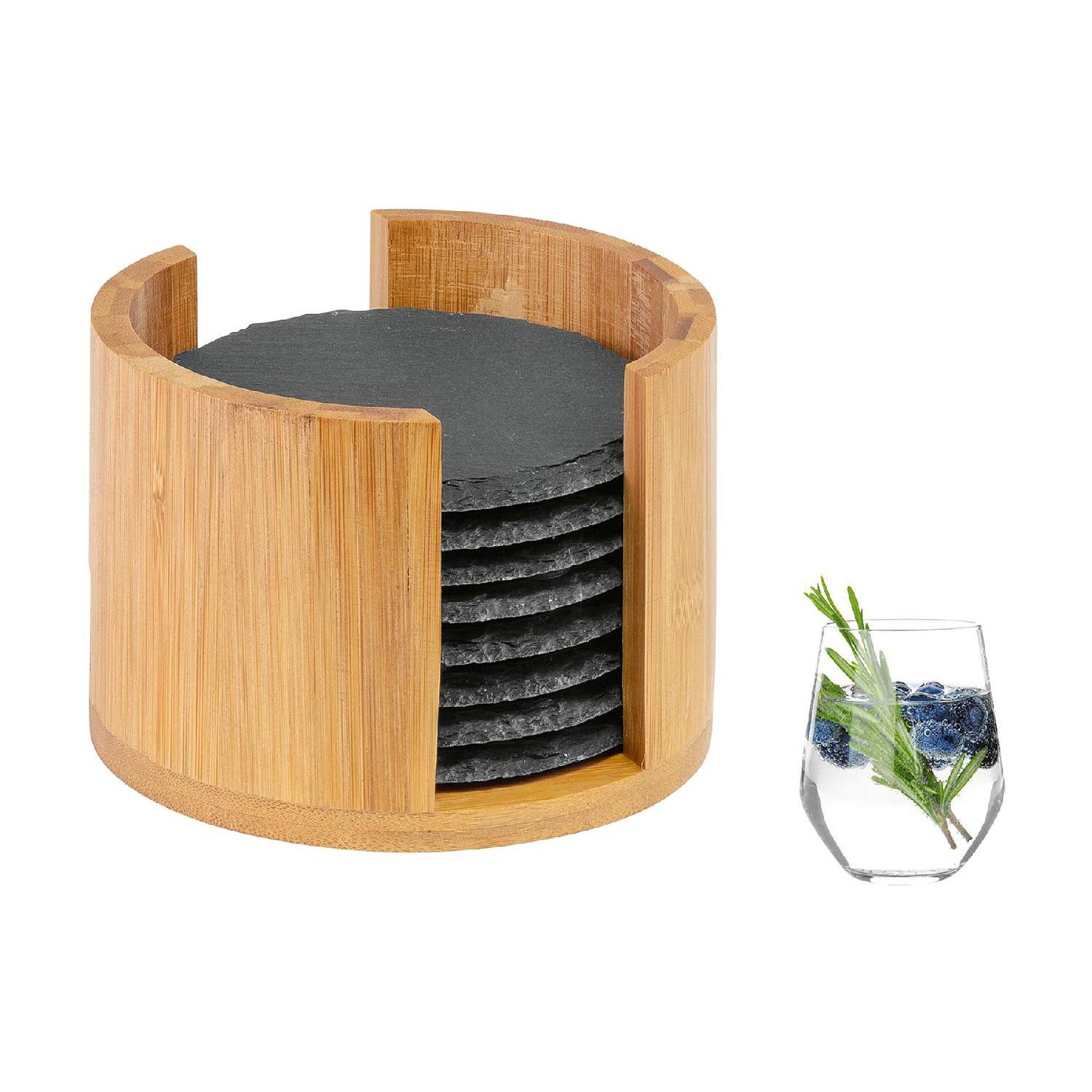 Westmark 8 Untersetzer in Bambusbox, Naturschiefer, Ø 10 cm, schieferfarben/natur, 9-teilig (1 Set)