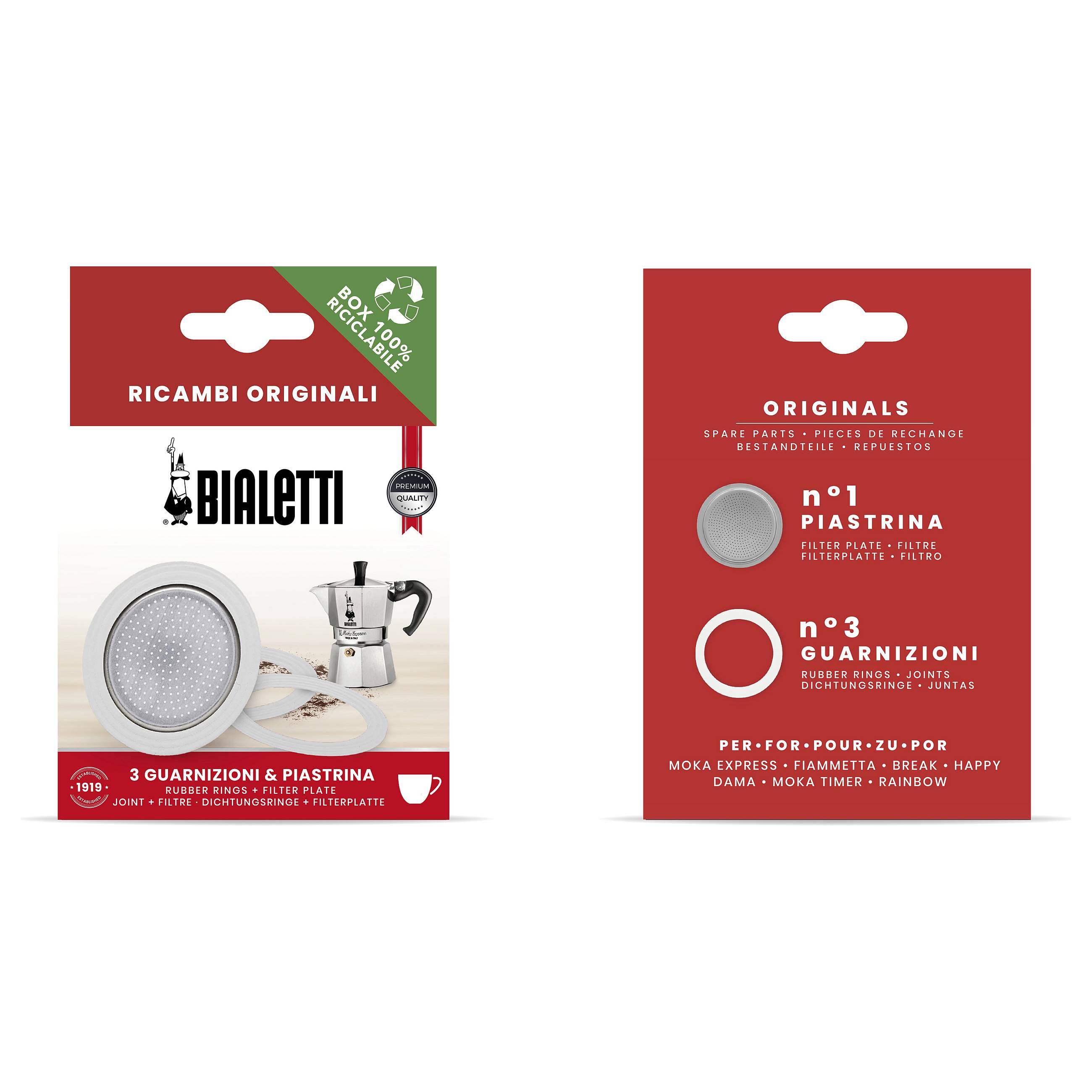 Bialetti Ersatzteile-Verpackung von vorne und hinten gezeigt, mit Hervorhebung von 