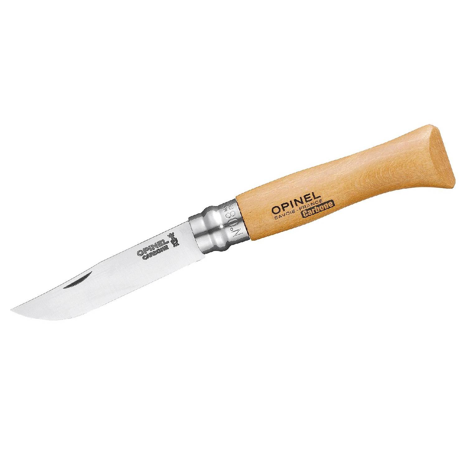 Opinel Messer No 08 Carbon Griff Buche 8,5cm lange Carbonstahlklinge, silber/natur