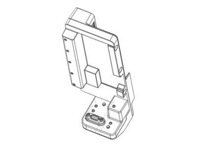 Technische Zeichnung einer Dockingstation für Telefon oder Tablet mit sichtbaren Anschlüssen und Steckverbindern, die Designdetails und Abmessungen zeigt.