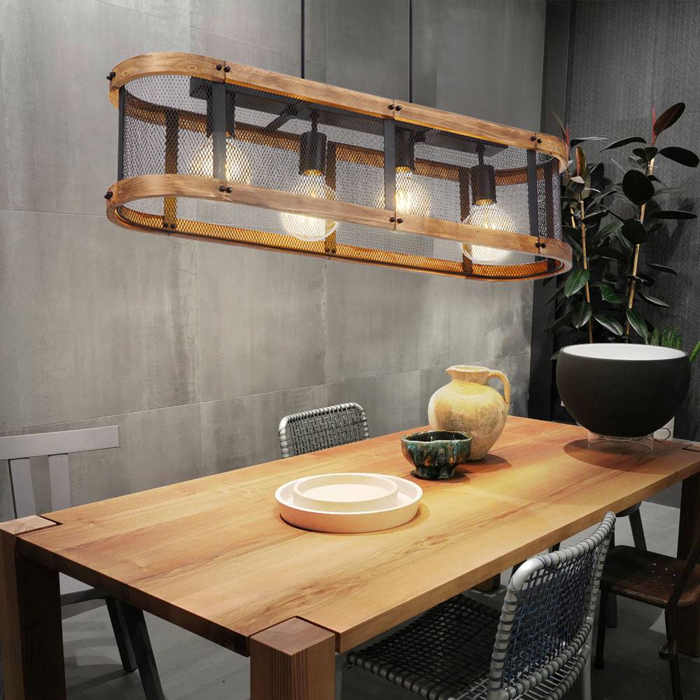 Hängelampe Esstisch Pendelleuchte Holzlampe Esstischleuchte 4-flammig Hängeleuchte mit Holzrahmen, Gitteroptik, Rustikal, schwarz braun, E27, LxBxH