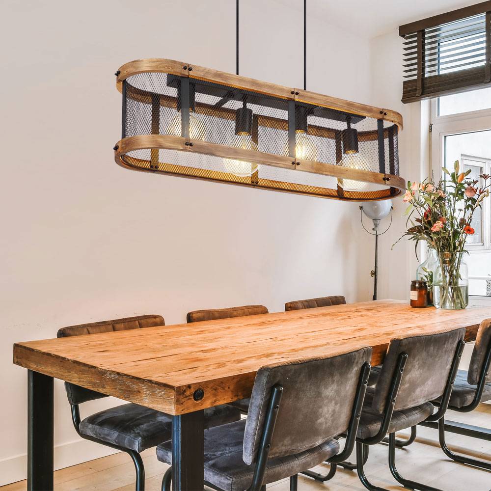 Hängelampe Esstisch Pendelleuchte Holzlampe Esstischleuchte 4-flammig Hängeleuchte mit Holzrahmen, Gitteroptik, Rustikal, schwarz braun, E27, LxBxH