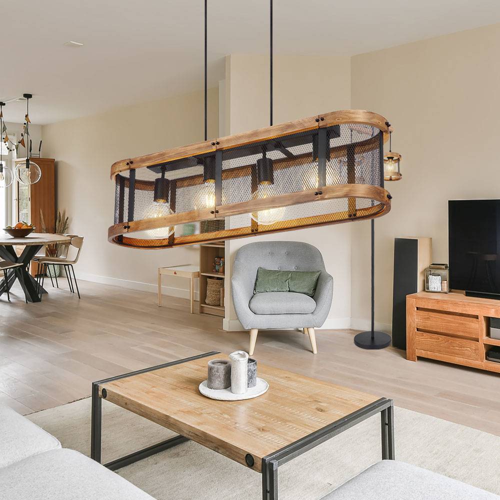 Hängelampe Esstisch Pendelleuchte Holzlampe Esstischleuchte 4-flammig Hängeleuchte mit Holzrahmen, Gitteroptik, Rustikal, schwarz braun, E27, LxBxH