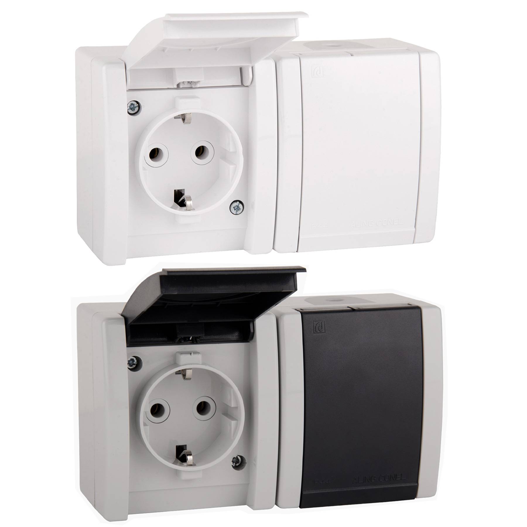 ALING-CONEL 2-fach Aufputz Schutzkontakt Steckdose mit Klappdeckel 16A/250V~ / IP44 (verdrahtet) - Grau