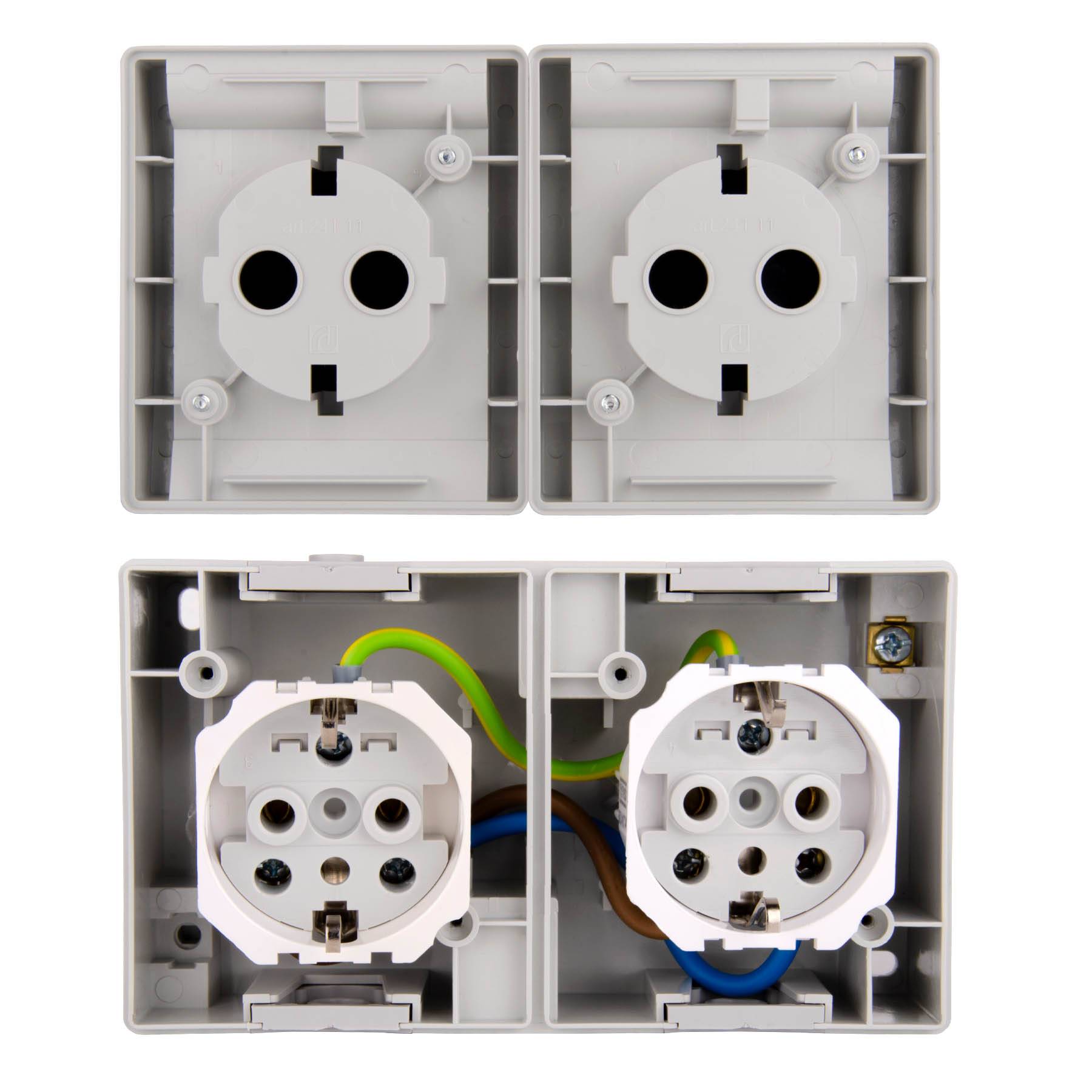 ALING-CONEL 2-fach Aufputz Schutzkontakt Steckdose mit Klappdeckel 16A/250V~ / IP44 (verdrahtet) - Grau