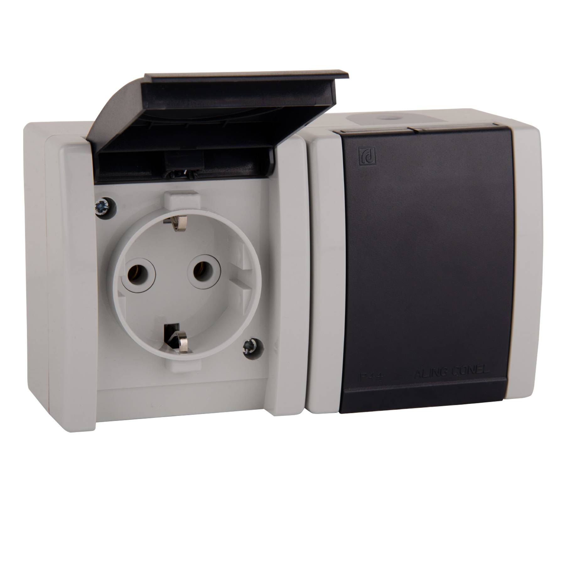 ALING-CONEL 2-fach Aufputz Schutzkontakt Steckdose mit Klappdeckel 16A/250V~ / IP44 - Grau