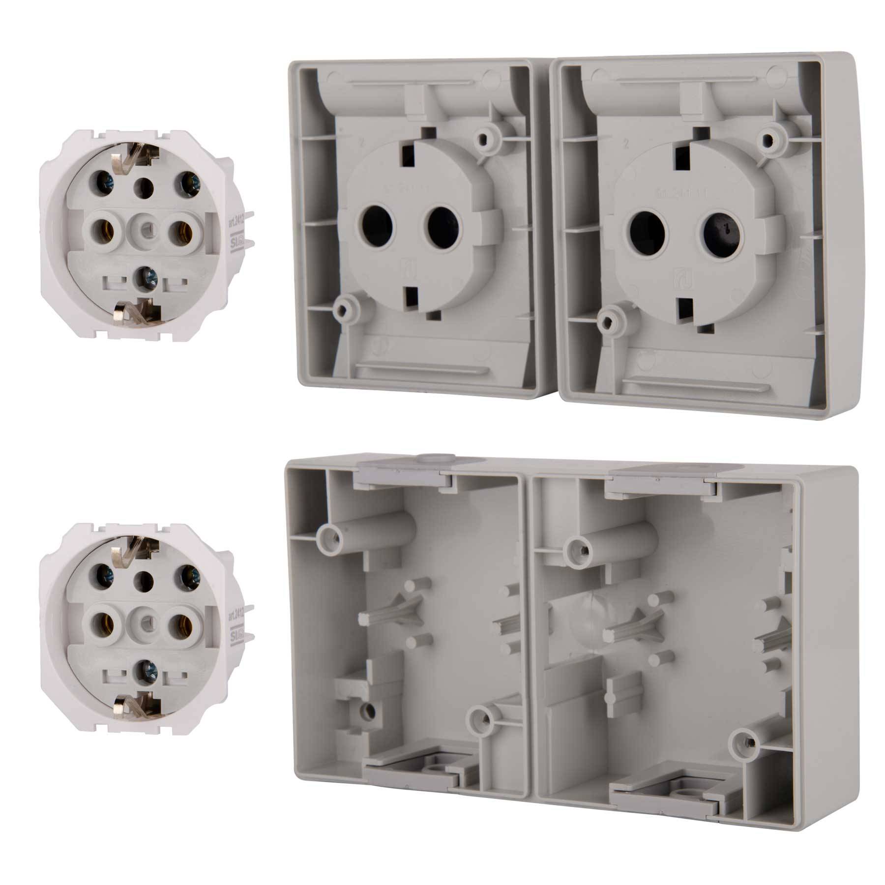 ALING-CONEL 2-fach Aufputz Schutzkontakt Steckdose mit Klappdeckel 16A/250V~ / IP44 - Grau (10er Set)