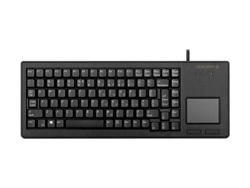 Schwarze CHERRY-Tastatur mit integriertem Touchpad auf der rechten Seite, gezeigt auf einem einfachen weißen Hintergrund.