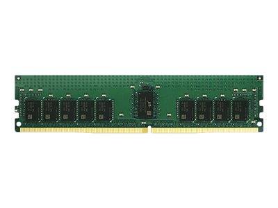 Grünes Computerarbeitsspeichermodul mit schwarzen Chips und goldfarbenen Steckerkontakten, dargestellt auf weißem Hintergrund.
