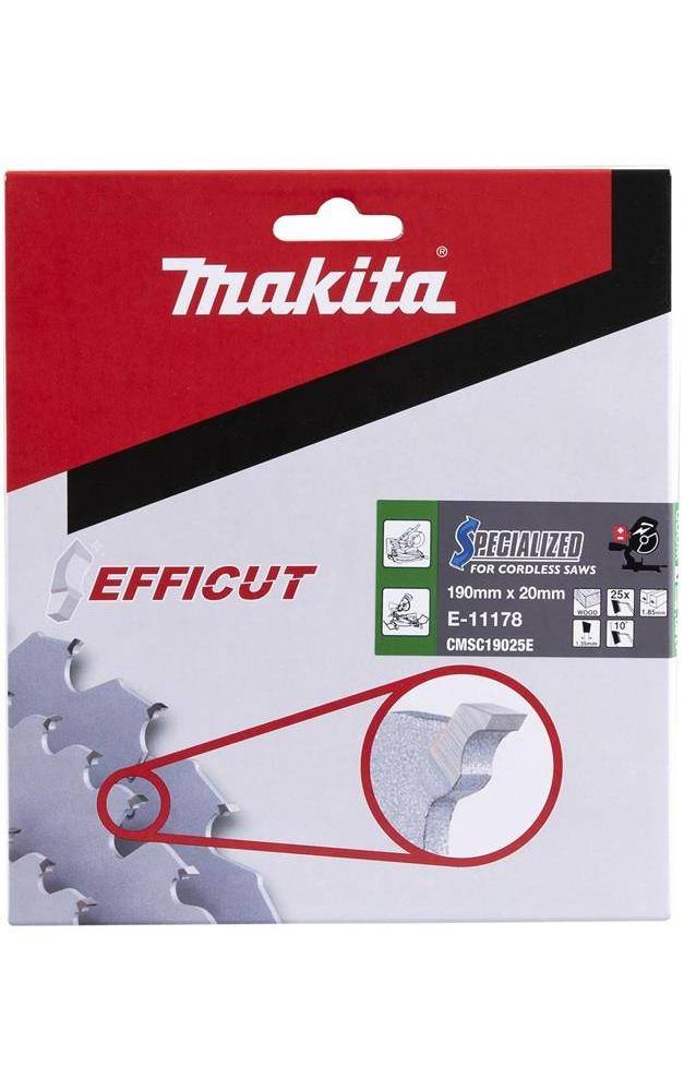 Makita EFFICUT Spezialanwendungs-Sägeblatt-Paket, zeigt Zahndetail des Blattes und Etikett für kabellose Sägen, 190 mm x 20 mm.