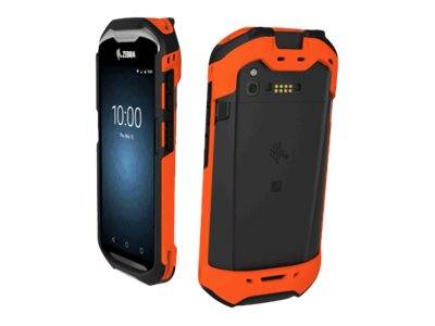 Orange-farbiges robustes Smartphone von vorne und von hinten gezeigt, mit verstärkter Schutzvorrichtung und dunklem Bildschirm, der 10:00 Uhr anzeigt.