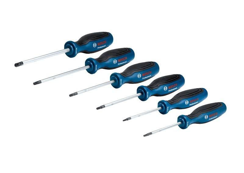 Fünf Schraubendreher mit blauen Griffen in verschiedenen Größen, mit der Aufschrift 