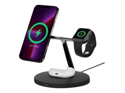 3-in-1 kabelloses Ladesystem mit schwarzer Ladebasis für ein iPhone, eine Apple Watch und AirPods.