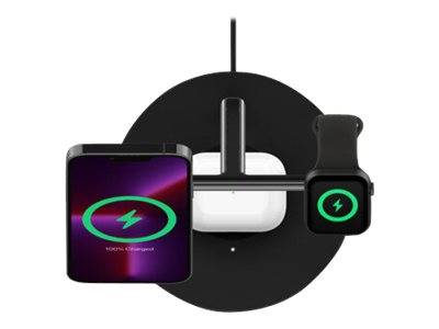 Wireless-Ladestation mit einem Telefon und einer Smartwatch, die auf einem schwarzen Ständer mit einem grünen Blitzsymbol laden