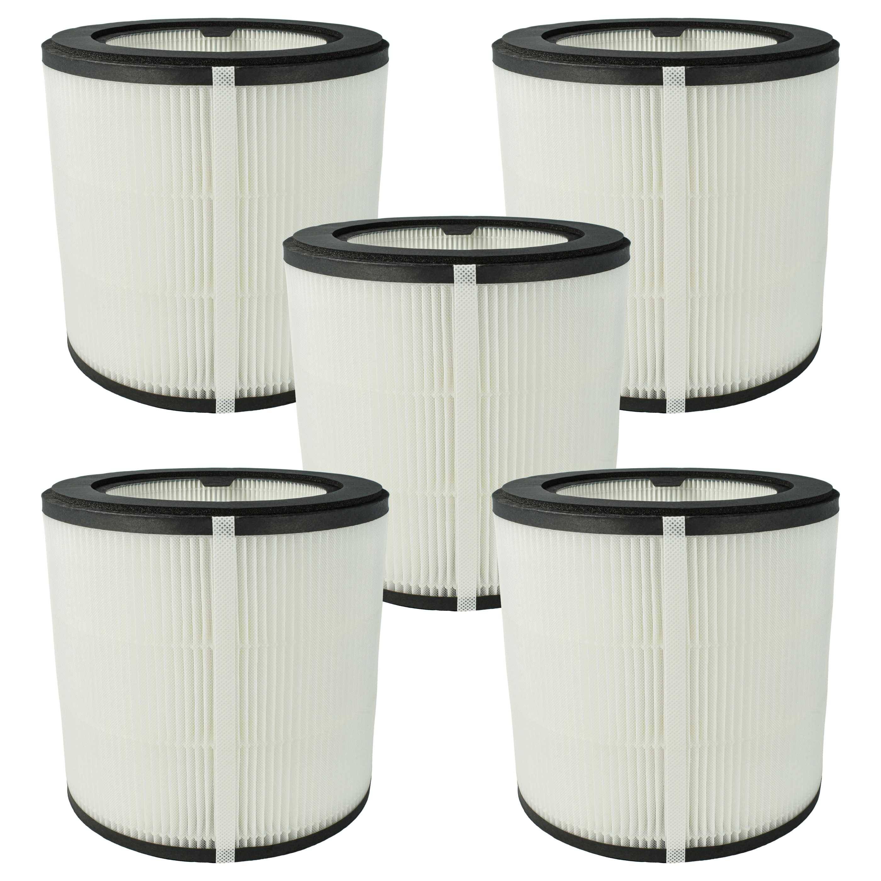 Fünf zylindrische Luftfilter mit weißen gefalteten Körpern und schwarzen Ober- und Unterseiten, in einer versetzten Anordnung gegen einen einfachen Hintergrund angeordnet.