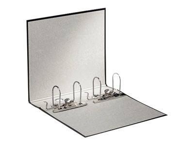 Ein offener grauer Ordner mit Metallringen, flach liegend, bereit, Dokumente aufzunehmen.