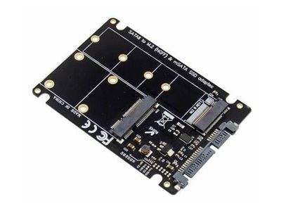 M.2 SSD-Adapterkarte mit SATA-Anschlüssen und Befestigungslöchern auf einer schwarzen Leiterplatte.