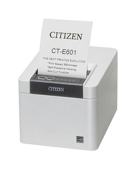 Kompakter Citizen CT-E601 Bondrucker druckt eine Quittung mit frontalem Logo und Text über Hochgeschwindigkeitsdruck und selbstschützendes Gehäuse.
